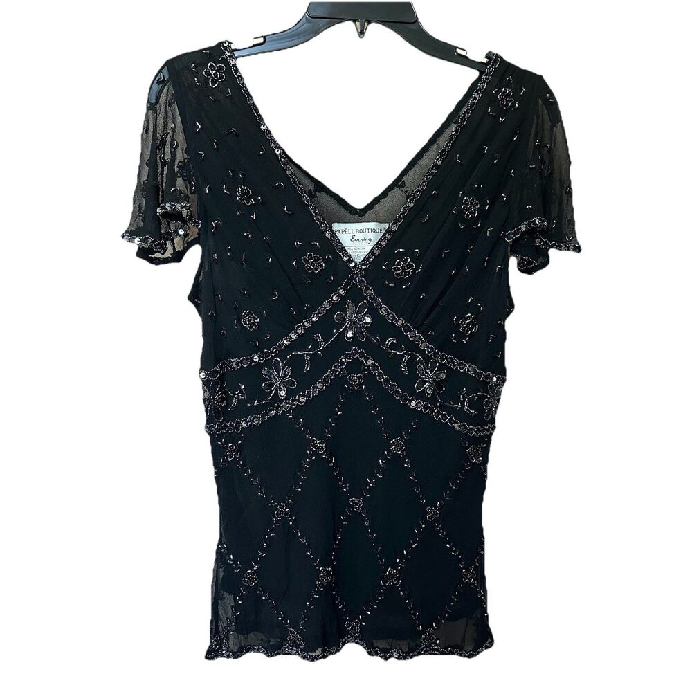 100% Silk Y2K Boutique Evening Top Beaded, Lined, Mesh Overlay Flutter Sleeves